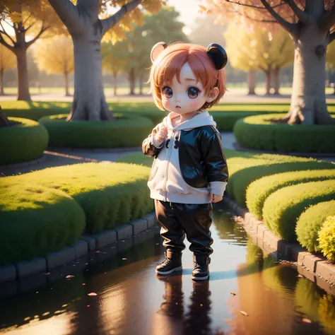 Cute Baby Chibi Anime、(((chibi 3d))) (Best Quality), (masutepiece)、Chibi Panda、A detailed face、Standing、Royal Botanic Gardens in Autumn