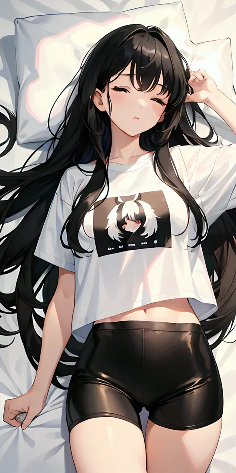 1girl, black hair, long hair, sleeping, light particles, wallpaper, hot pants, white tshirt