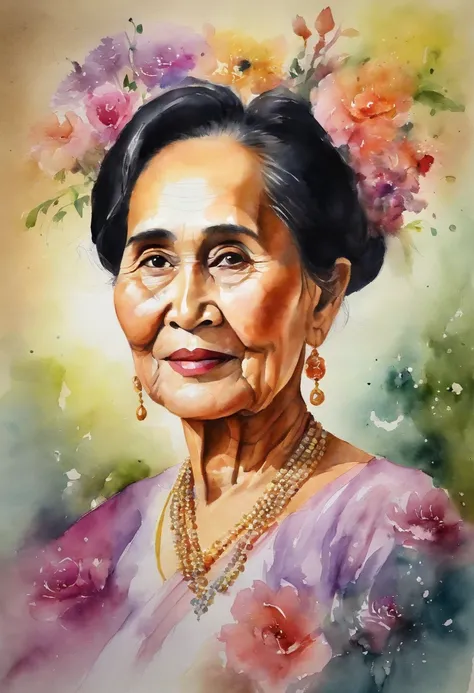 watercolor color  portrait of (( Aung Sann Su Kyi )),  65 years old lady with calm look and wise appearance. Flower arrangement ...