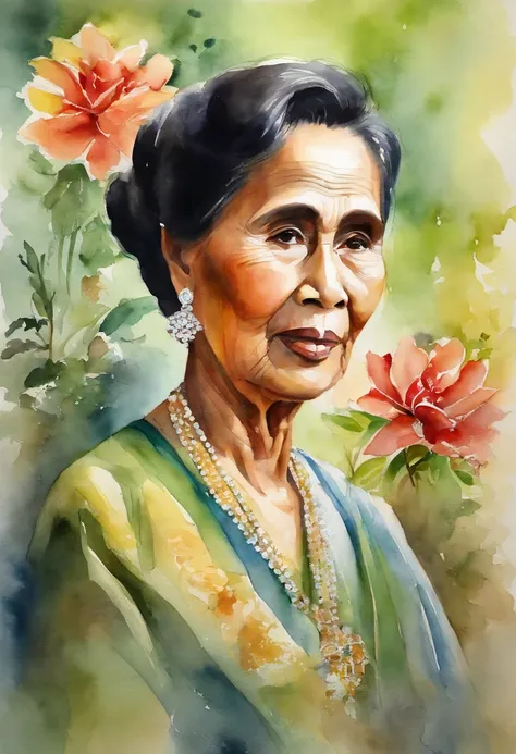 watercolor color  portrait of (( Aung Sann Su Kyi )),  65 years old lady with calm look and wise appearance. Flower arrangement ...