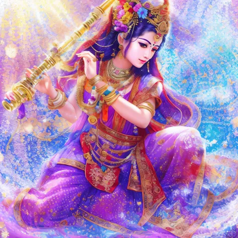 a painting of a indian god Krishna in a purple outfit holding a flute, beautiful god, god of love and peace, indian god of wealth, godess, asian male water elemental, hd wallpaper, devainart, beautiful avatar pictures, beautiful image, a beautiful fantasy ...