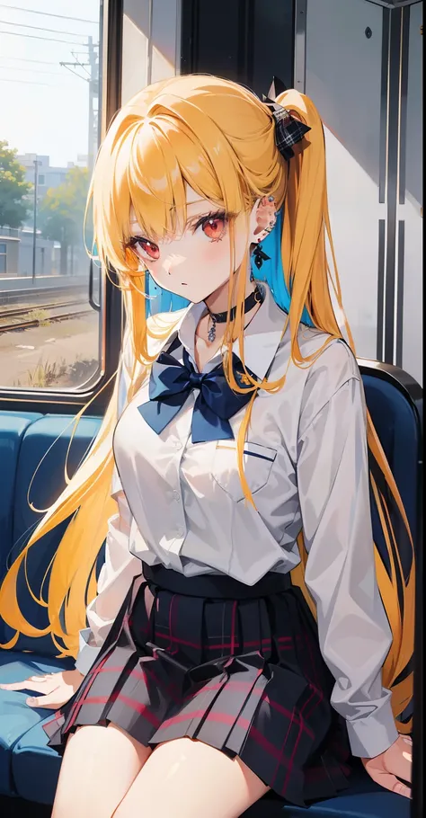 master piece, best quality, Tall, Kitagawa Navy, 1girl, blond hair, long hair, multicolored hair, red eyes, jewelry, Earrings, piercing, School uniform, white shirt, tied shirt, black choker, blue tie, Plaid skirt, sitting , Train interior,