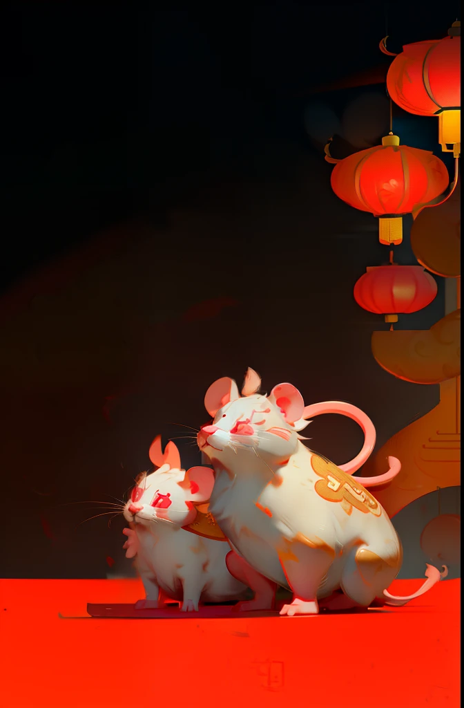 Chinese New Year of the Rat Cartoon image with mouse characteristics Cartoon cute Flat style Joy illustration Red lanterns with gold ingots on both sides