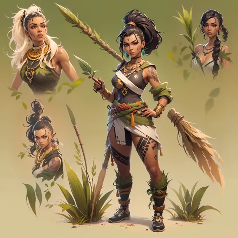 Fortnite game character art style，Gender woman ，Armed with spear weapons，There are tribal marks on the forehead. Master melee combat, Agility, and jungle survival skills. The clothes were made of hay and leaves, Necklace made of ivory. Gloves made of blade...