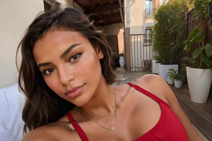 une jeune femme brune, selfie style she takes pictures of herself up close to show what she does., Crop Top Tactics Red Clothing, tanned skin, Outside house terrace, beer madisson, selfie proche haut du corps visage