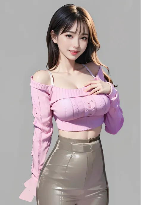 Smiling woman， Close-up of a woman in a skirt and pink blouse, render of april, trending at cgstation, Gorgeous young Korean woman, korean womens fashion model, photorealistic perfect body, trending on cgstation, photorealistic anime girl rendering, Korean...