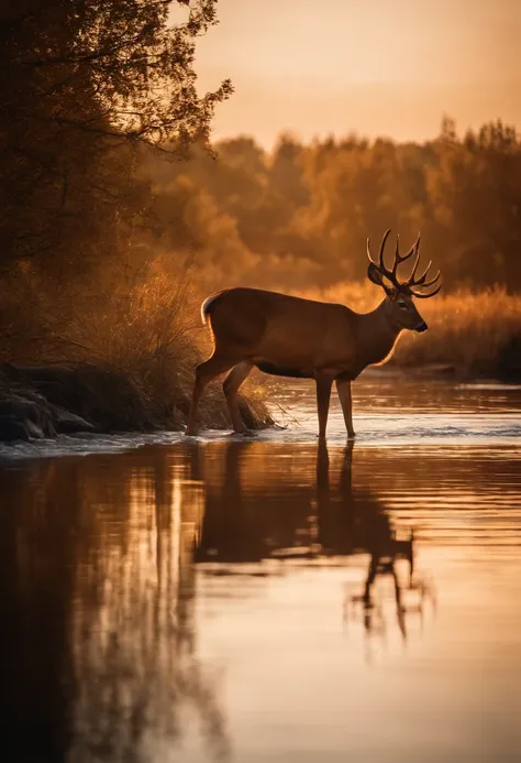 Deer drinking water from the river