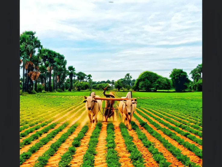 there is a man with two oxen pulling a cart in a field, villagers busy farming, farm land, farming, vibrant scene, wide view of a farm, farmland, farm, photo taken in 2 0 2 0, by Joseph Werner, idyllic and fruitful land, by Jesper Knudsen, farmer, in field...