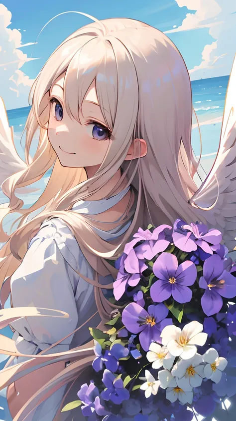 (masutepiece,Best Quality, ultra -detail), Face Focus, 1girl in, upper view,
Platinum Blonde Long Hair, (Wavy Hair:0.8),
Happy cheerful smile,
wings fluttering on the back,, Angelic, Hesperis