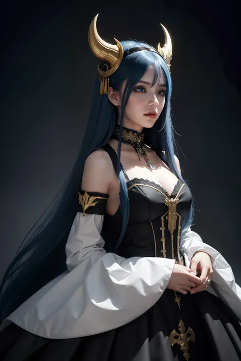 A girl with long blue hair，Wearing a white black wave style dress，With gold details and devil mask,Darkwave style,half length portrait,centre,hdr,8K,ultra-realistic realism,Beautiful soft light studio,vibrant detail,anatomically,ellegance,foco nítido,Studi...