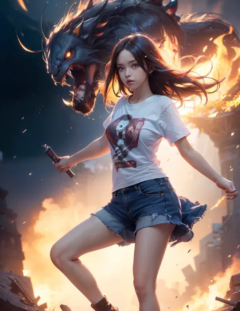 (((nffsw))), (((masutepiece))), (((8K))), (((hight resolution))), (((photorealistic))), (((fullbody shot))), F/4.0, canon, 18yo woman, Dressed in a T-shirt and denim shorts, the girl battles the demon king, beautiful face, fantasy