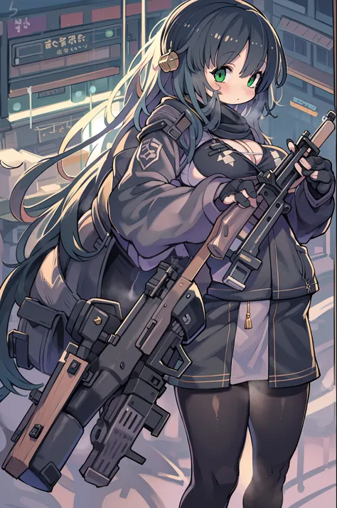 Hold a giant sniper rifle、Long sideburns、Anime-style girl with beautiful whole body, Little Girl,clean detailed faces, ciber,analogous colors, Glowing shadows, beautiful gradients, depth of fields, CLEAN IMAGE, High quality,Black Parker Clothing、 high deta...