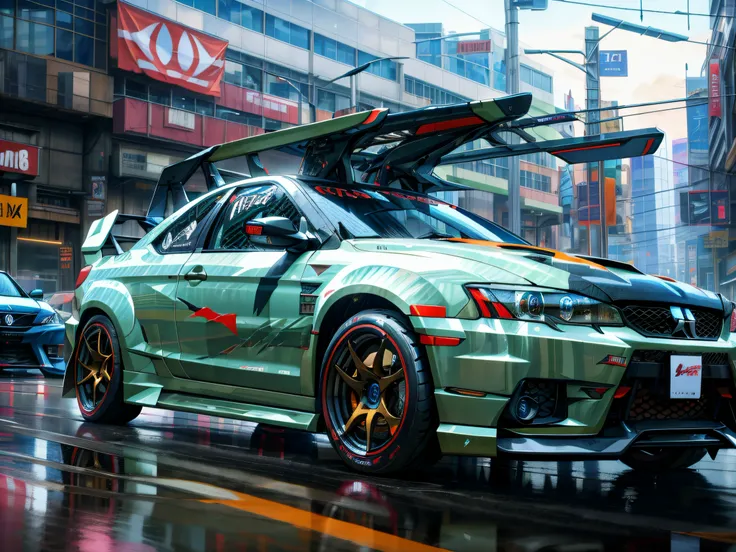 lancer evolution, sport car, bodykit, downtown, street race, futuristic, cyberpunk, absurdres, high res, ultrasharp, 8k, masterpiece