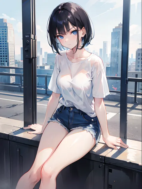 1 girl, short black hair, blue eyes, smug face, wearing plain white shirt, denim shorts, city, absudres, high res, ultrasharp, 8K, masterpiece, looking at viewer