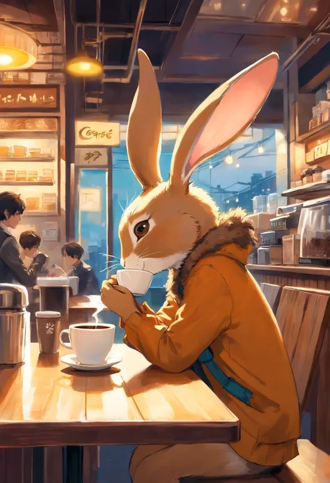 a humanoid rabbit drinking coffee at a coffee shop, art by [Esao Andrews]