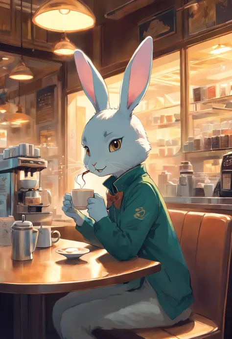 a humanoid rabbit drinking coffee at a coffee shop, art by [Esao Andrews]