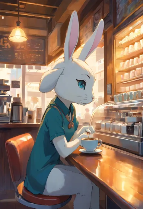 a humanoid rabbit drinking coffee at a coffee shop, art by [Esao Andrews]