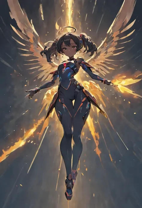 the night，A black female mech flying in the sky，The back has long black wings，The jet engine under the wing spewed blue flames，The armor in front of the chest slowly opened，Reveal the bomb inside