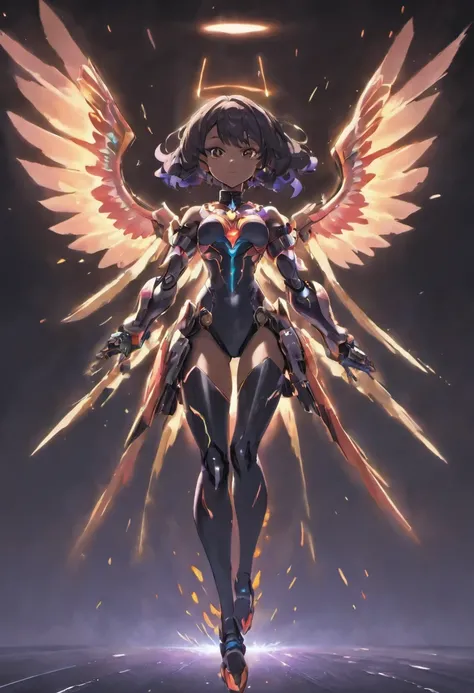 the night，A black female mech flying in the sky，The back has long black wings，The jet engine under the wing spewed blue flames，The armor in front of the chest slowly opened，Reveal the bomb inside