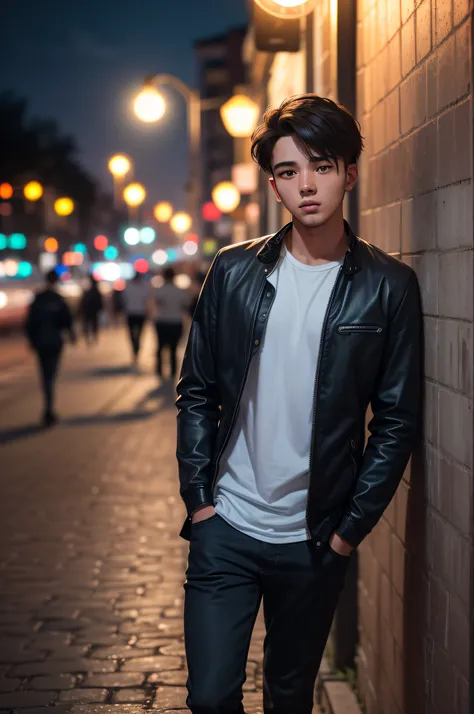 RAW photography, portrait of a 25 year old man in casual clothes, night, city street, (high resolution skin: 1.2), 8K UHD, DSLR, soft lighting, high quality, film grain, fujifilm XT3