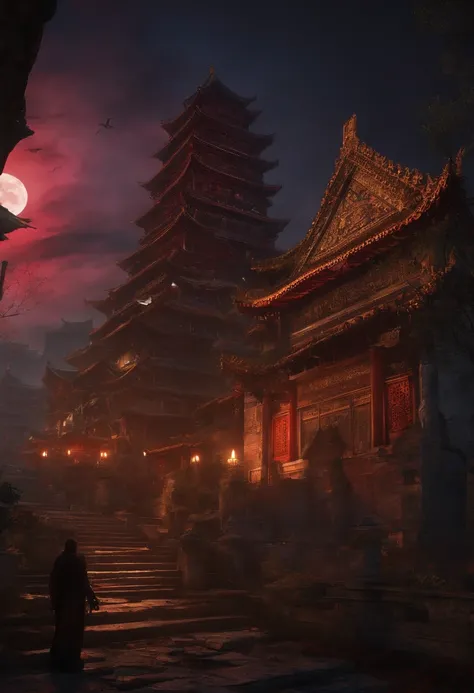 Massive cyberpunk medieval ancient architecture, Towering spires and holographic billboards Chinese illuminate the night sky.Resident Evil，A lot of zombies，themoon，high-class，extremely colorful