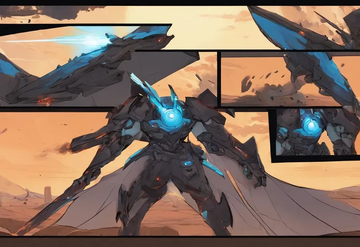 The first picture is night，Black female mech flying in the sky，It is covered in black armor，metalictexture，Sci-fi，The second image shows her with long black wings on her back，The jet engine under the wing spewed blue flames，The third picture shows the armo...