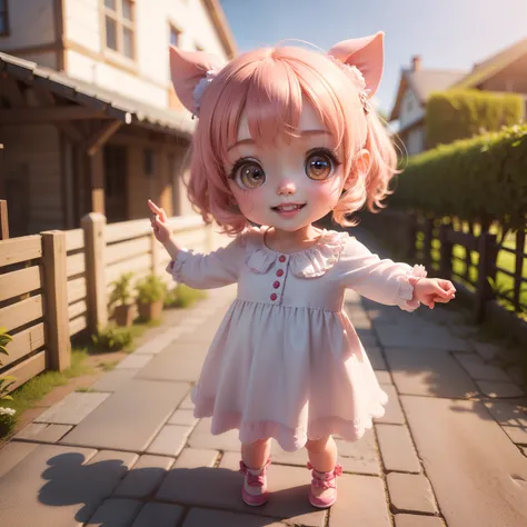 Cute Baby Chibi Anime、(((chibi 3d))) (Best Quality), (masutepiece)、Chibi pig、In front of the house of the straw blowing in fairytale land、Open your mouth and smile、A detailed face、Standing、