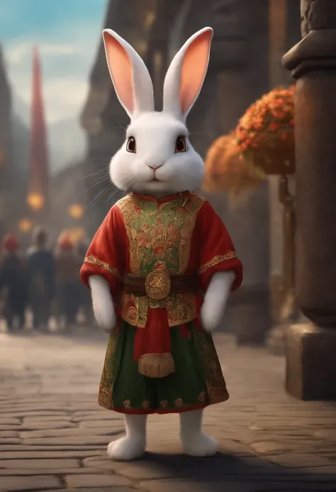 Zodiac rabbit Furry rabbit, ,Big eyes, Wear festive attire, Standing on the side of the street, Ancient style, Artistic touch，Snes painting