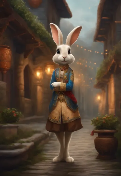 Zodiac rabbit Furry rabbit, ,Big eyes, Wear festive attire, Standing on the side of the street, Ancient style, Artistic touch，Snes painting