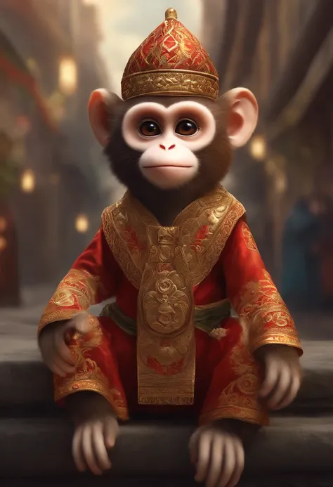 Zodiac Monkey Furry monkey, ,Big eyes, Wear festive attire, Standing on the side of the street, Ancient style, Artistic touch，Snes painting