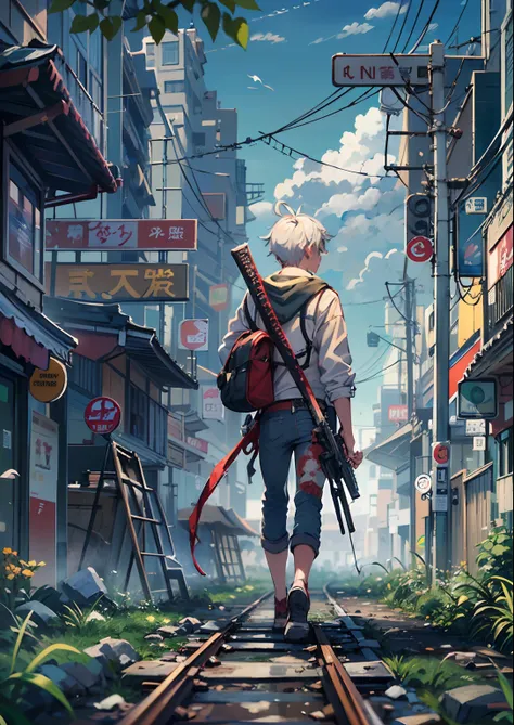 1boy,Mans ,Cyberpunk Boy、katanas,machine gun、Cats ears、silber hair、poneyTail、Whole body bloody、The beginning of the adventure、during daytime、Into the cloud、ruined and devastated city、Complex Japan buildings、railroad crossing、bus stop、Trees、Warm lighting、pu...