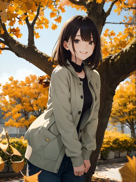 autumnal，beautiful  Girl（1girll：1.3），full bodyesbian, hight resolution，ultra - detailed，a smile、Ginkgo tree、Focus on the subtle details and atmosphere of the scene。