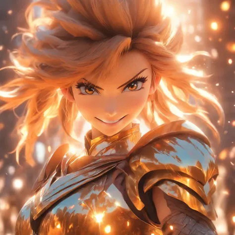 Realistic, unreal engine, beautiful woman wearing reflective coating armor, smiling humbly, fantasy background, anamorphic lens flare effect