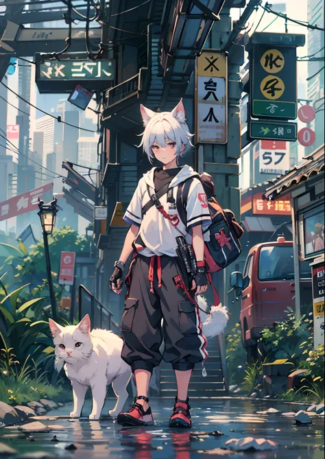 1boy,Mans ,Cyberpunk Boy、katanas,machine gun、Cats ears、silber hair、poneyTail、Whole body bloody、The beginning of the adventure、during daytime、Into the cloud、ruined and devastated city、Complex Japan buildings、railroad crossing、bus stop、Trees、Warm lighting、pu...