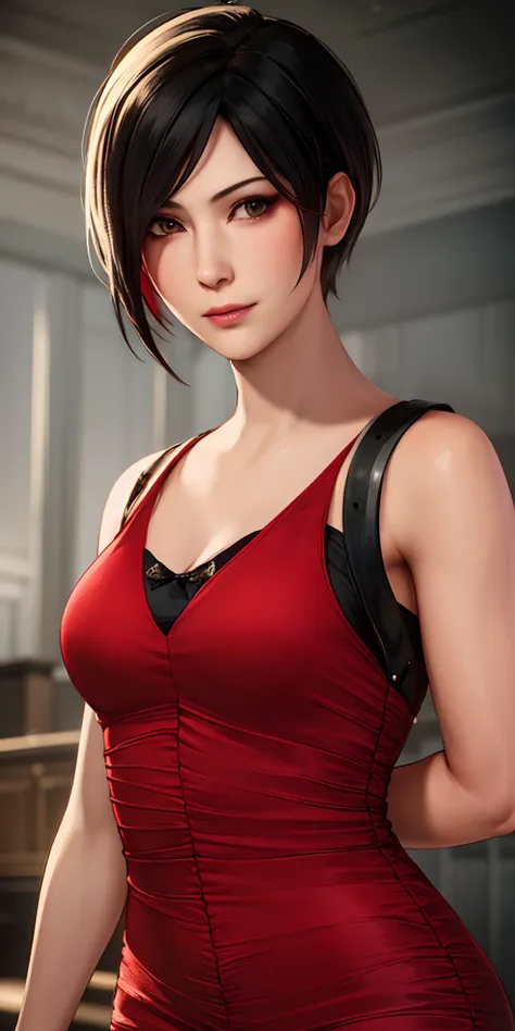 1girl, cowboy shot of beautiful ada, looking at viewer, red dress, black hair, blush, short hair, athletic night, volumetric lig...