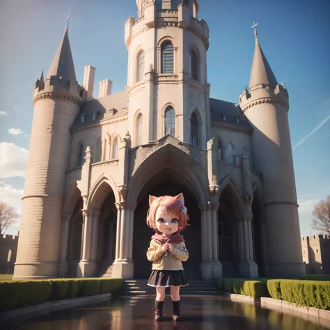 Cute Baby Chibi Anime、(((Chibi 3D))) (Best Quality), (masutepiece)、Little Wolf、In front of the old castle of fairytale land、Open your mouth and smile、A detailed face、Standing、