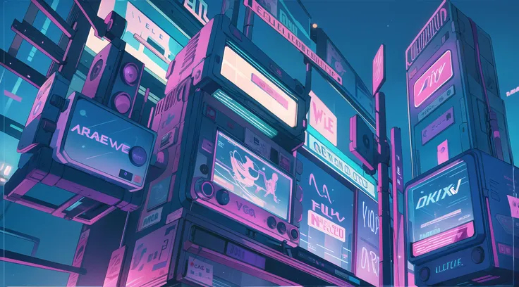 Night city, streets, blue and purple, lofi, 80s, retro, neon lights, high quality