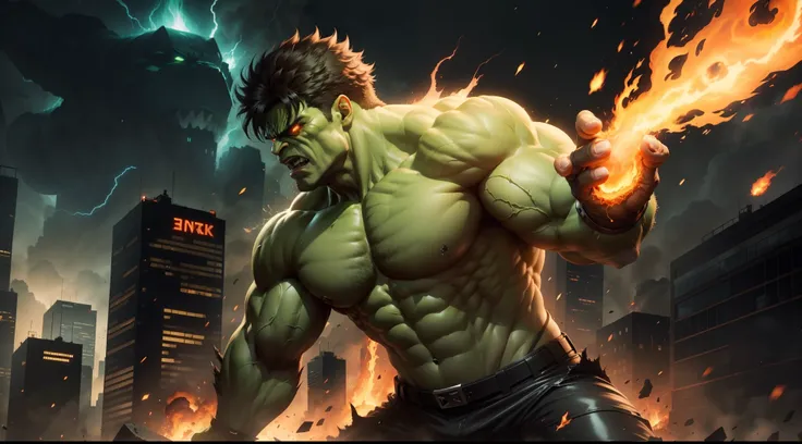 Hulk with only eye of fire with much rage destroying all the city