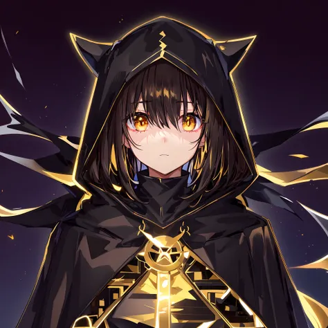 Anime character with cape with hood and glowing eyes, cloakroom, Black Cape, With shining golden eyes, black robes,black robe with golden outline,, Brown hair under the hood, Indistinct face、Golden aura、Eliminate shadows on the face