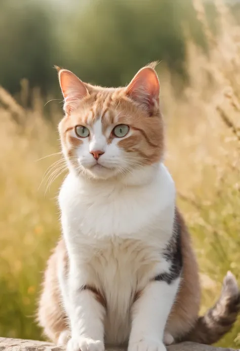 cute cat, sitting on a rock, meadow, clouds, blue sky