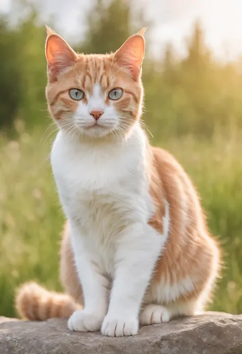 cute cat, sitting on a rock, meadow, clouds, blue sky