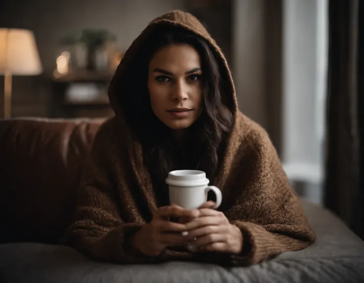 a girl sitting on couch with hood up and cup of coffee on coffee table, 1boy, solo, male focus, black hair, blanket