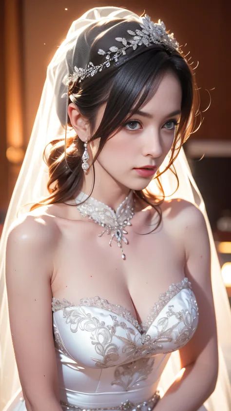 Wedding Hall， Female body definition，（Wedding dresses：1.2），（long  skirt：1.2），Slender thighs, (Best quality: 1.0), (超高分辨率): 1.0) , Suspender stockings，Highly detailed face and eyes, (Photorealistic: 1.2)，Ultra-wide angle, Depth of field, Hyper-detailed, bea...