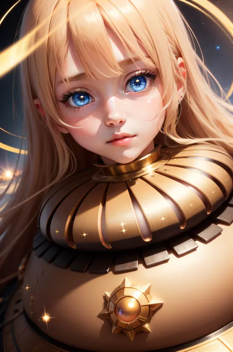 1girll, star eye, blush, Perfect litthing, Golden hair, Light blue eyes, illusion engine, side lights, Detailed face, Bangs, bright skin, Simple background, Dark background,