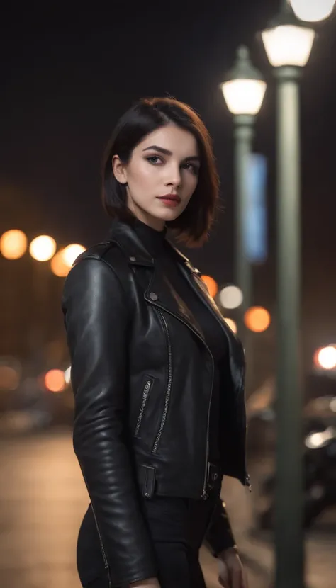 Girl with black short hair, black mask, black eyeliner on her eyes, black tights, black leather jacket, at night, under the illuminated street lamp, girl leaning against the black motorcycle, (((realism))), (((ultra detailed))), (((8k))), (((special lighti...