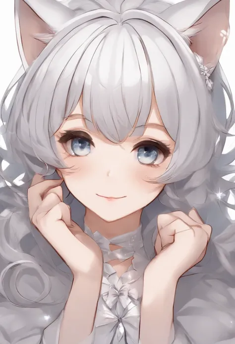 Silver hair, White hair, Hair ribbon, ribbon, mismatched pupils, wince, Pointy ears, Cat ears, , grin, raised eyebrow, Anime style, color difference, Chiaroscuro, god light, god light, dither, anaglyph, Highly details are toothy