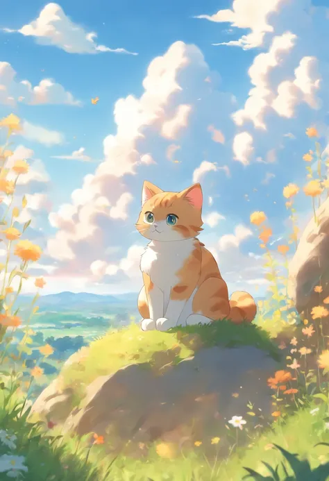 cute cat, sitting on a rock, meadow, clouds, blue sky