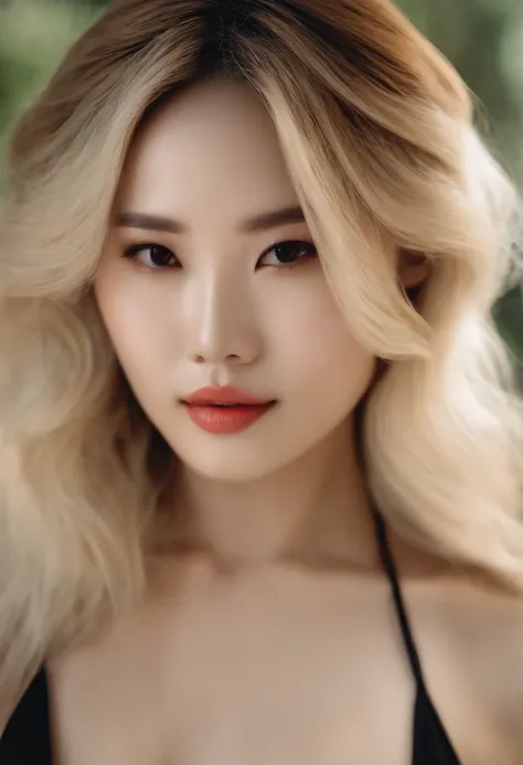 One Chinese Woman、Photo Real、photoRealstic　a blond、high-level image quality、huge tit、Black swimsuit、Young Taiwan Chinese Woman、Beautuful Women、The hairstyle is centered and the forehead is protruding.。Longhaire、blonde hair close to white、Slim double、Darker...