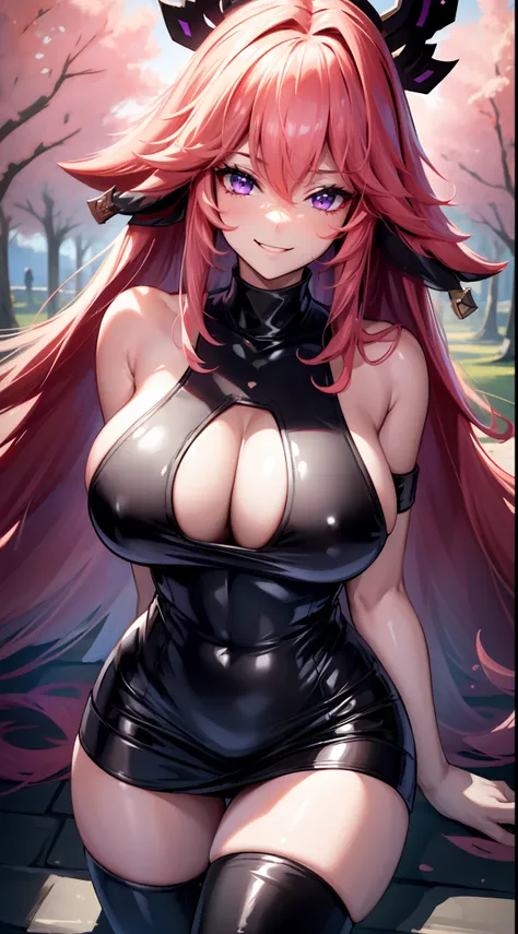 (Yaedef:1.4), 8k, highres, ultra detailed, (masterpiece:1.4), best quality, symmetrical body, (sexy tight black short leather dress with deep neckline:1.4), cute, solo, long hair, pink hair, purple eyes, glow effect, finely eye, wide smile, detailed face, ...