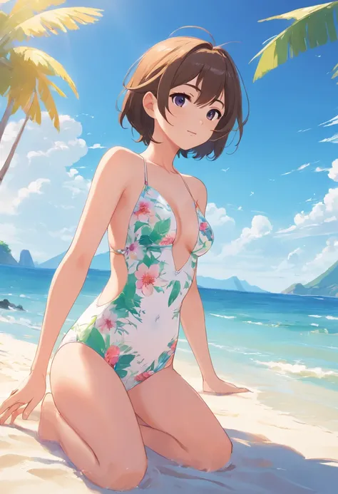 White high-leg swimsuit with thin floral pattern、legs wide open、Thighs wide open、Crotch wide open、Nasty poses、Sexual expression、Nasty look、Beautiful breasts、the beach